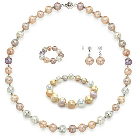 4-Piece Set with 10mm x 11mm Multi Pink Freshwater Pearl Necklace Sterling Silver Chain 18 with Ball Clasp, Matching Stretch Bracelet, Matching Earring, & Matching Stretch Ring, Silver Beaded