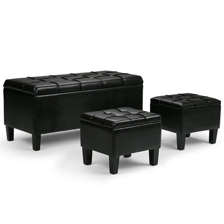 Simpli Home - Dover Rectangular Faux Leather Storage Ottoman Bench (Set of 3) - Midnight Black
