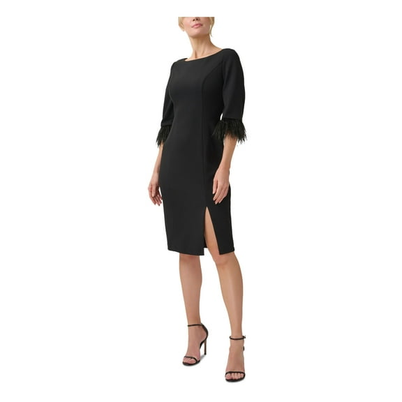 Adrianna Papell Day Boat Neck 3/4 Sleeve Feather Trim Embellishment Back Zipper Midi Dress-BLACK / 2P