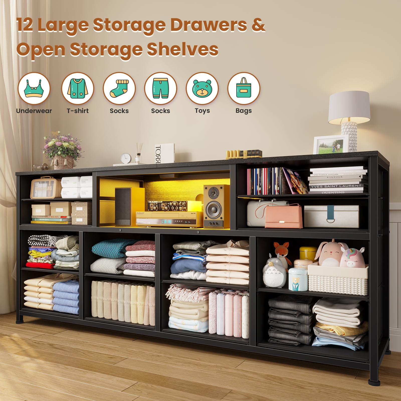 TV Stand Dresser for Bedroom with LED Light, Power Outlets,12 Drawers, Console Table for 32/45/55/65 inch TVs,55 inch Entertainment Center,Black PU