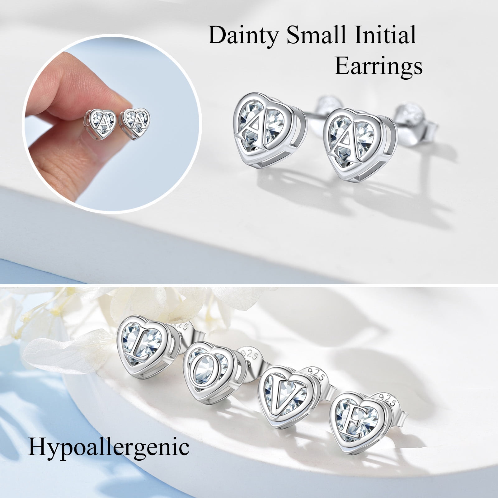 U7 Initial Heart Stud Earrings for Women Letter M Earring Sterling Silver Hypoallergenic Studs CZ Earring Jewelry for Mom Daughter Birthday Mother's Day Gift
