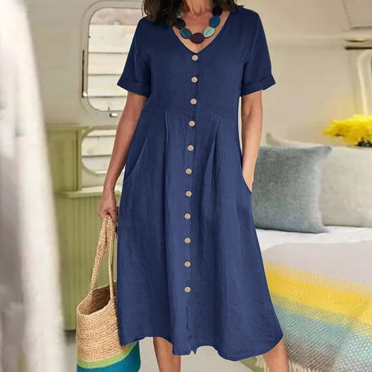 SMihono Summer Plus Size Cotton Linen Straight Long Dress for Women  Breathable Solid Button Down V Neck Babydoll Pockets Loose Casual Beach  Relaxed Pencil Dress Drop Shoulder Short Sleeve Blue 18 -