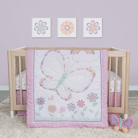 UPC: 0846216063732 | Sammy & Lou Floral Butterfly 4 Piece Crib Bedding Set. Set Includes Quilt  Fitted Crib Sheet  Crib Skirt and Plush Toy. Colors; Pink  Yellow  Blue and Purple. 100% Microfiber  Machine Washable