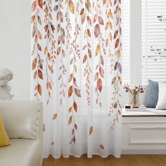 Eucalyptus Leaves Fall Sheer Curtains 63 Inch Length, Light Filtering Voile Curtain Panel, Thanksgiving Weep Leaf Botanical Rod Pocket Drapes Window Treatments for Living Room Bedroom 52"x63"