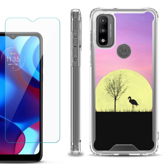 Shockproof Bumper Phone Case for Motorola Moto G Pure, with Tempered Glass Screen Protector, by OneToughShield ® - Moonlight Flamingo