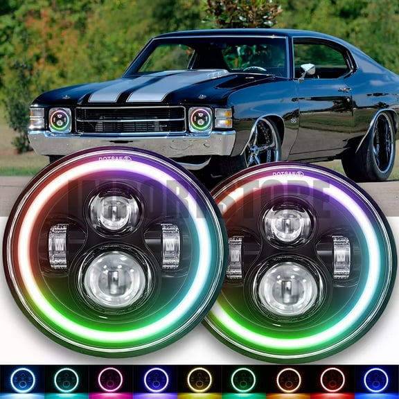 Pair 7inch Round RGB Halo LED Headlights HI/LO for Chevy Chevelle 1971 1972 1973