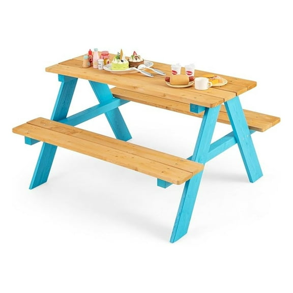 Kids Picnic Table, Fir Wood Toddler Table and Benches, Kids Outdoor Furniture, Blue, 31" x 35" x 20"