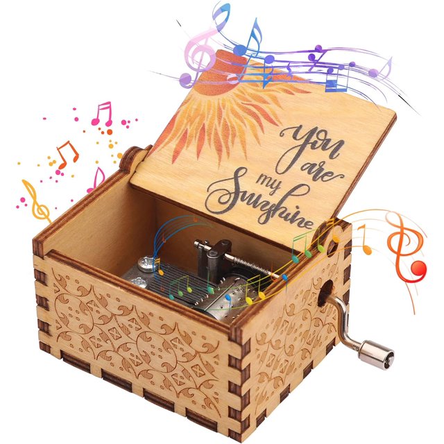 1 pieza Caja de música "You are My Sunshine" Mini caja de música Manivela Caja de música de madera grabada Cajas de música de madera Caja musical de sol de madera vintage grabada con láser Caja musical de regalo ER