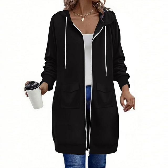 Wensltd Women's Long Black Jackets Zipper Hooded Sweatshirts Long Sleeve Tops for Spring Fall