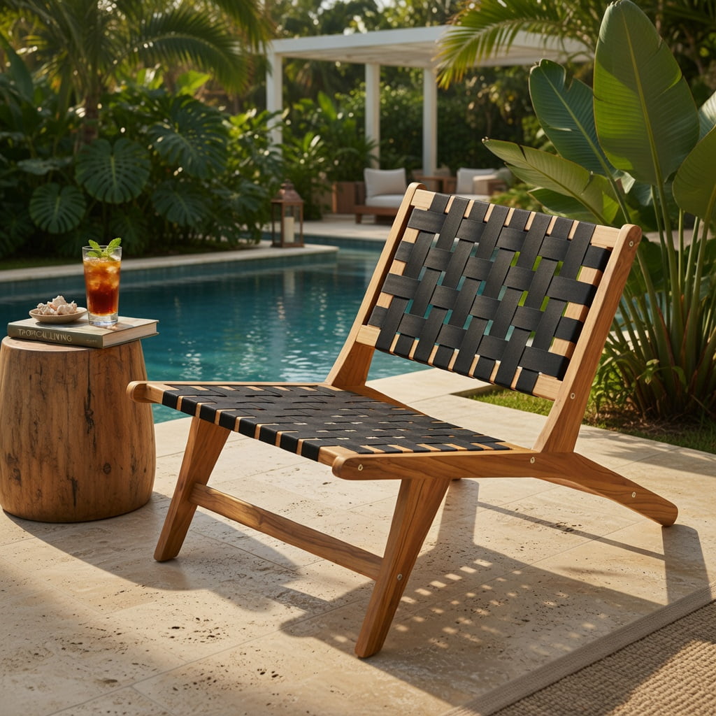 Hommoo Indoor & Outdoor Teak Wooden Chair with Woven Webbing Seat and Ergonomic Backrest, Lightweight & Weather-Resistant Patio Seating, Natural + Black