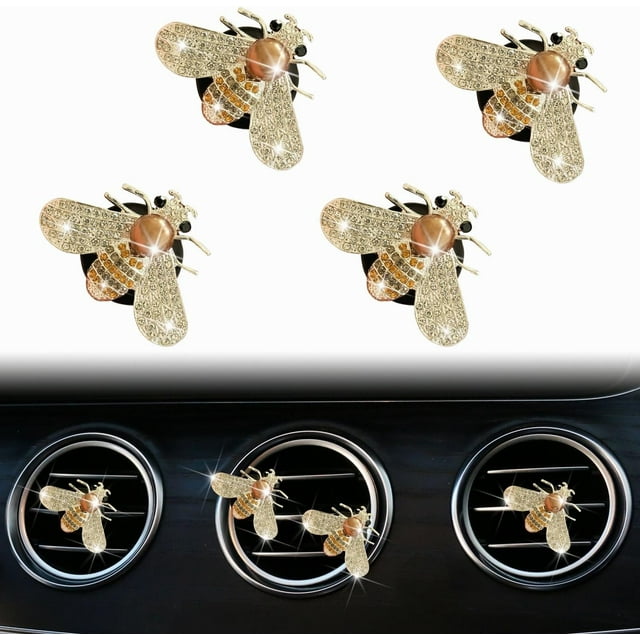 HUGFEGWE 4 Pcs Bling Bee Air Vent Clips, Crystal Bee Car Air Fresheners Car Diffuser Vent Clip Rhinestone Car Decoration for Women Interior Decor Bling Car Accessories + Sunflower Mask CA919-82728