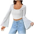 thumbnail image 1 of aidice Crop Tops pour Femmes Col Carré Tendance Manches Longues Texture Ajustée T-Shirts Unis, 1 of 9