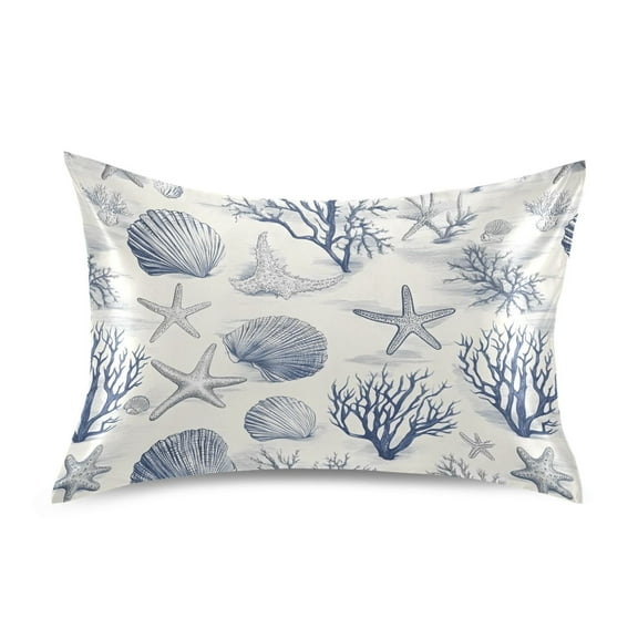 Satin Pillow Case Standard Silk Pillow Cover for Hair and Skin Envelope Closure Seashells Starfish Seaweed 20"x26"