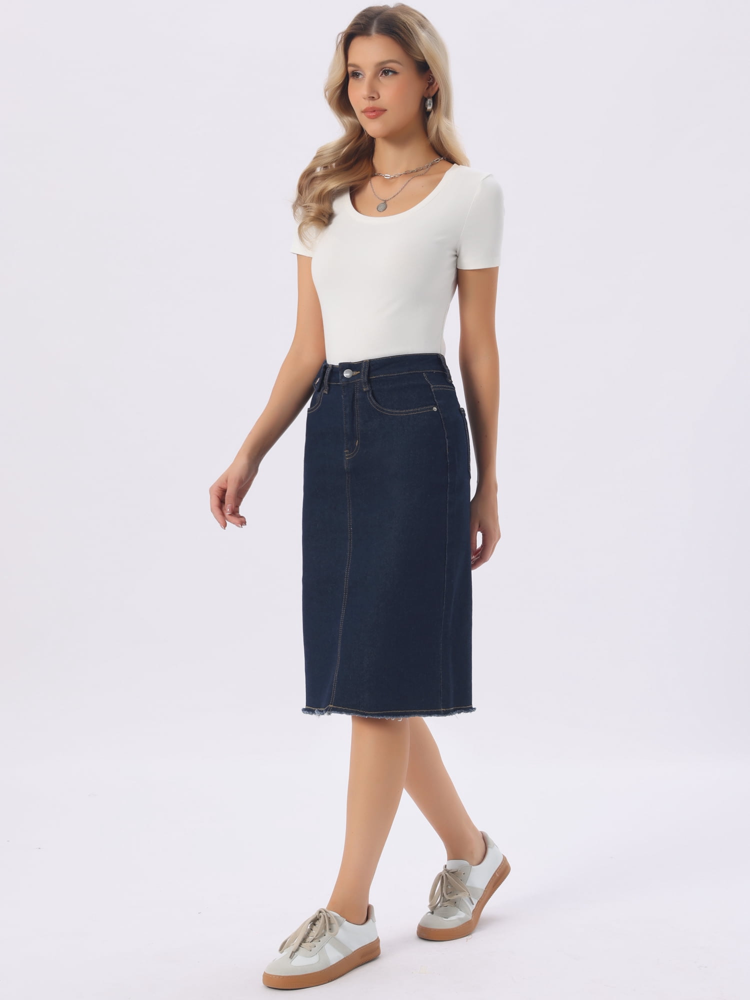 DARING DIVA Women's Back Slit Raw Hem Stretch High Waist Denim Skirt L Navy Blue