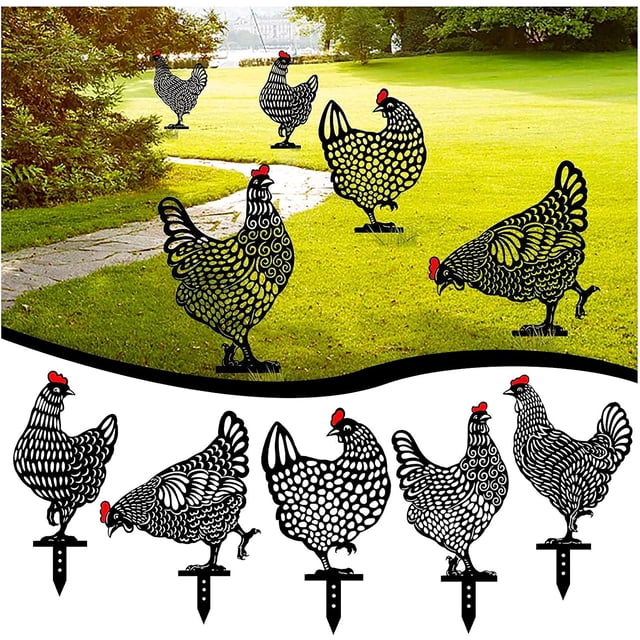 5 piezas de gallina de jardín, arte de patio de pollo, decoración de suelo de césped, silueta de animal, estacas de metal para jardín, decoración de estatua de gallo hueco para patio oso de fresa Electrónica