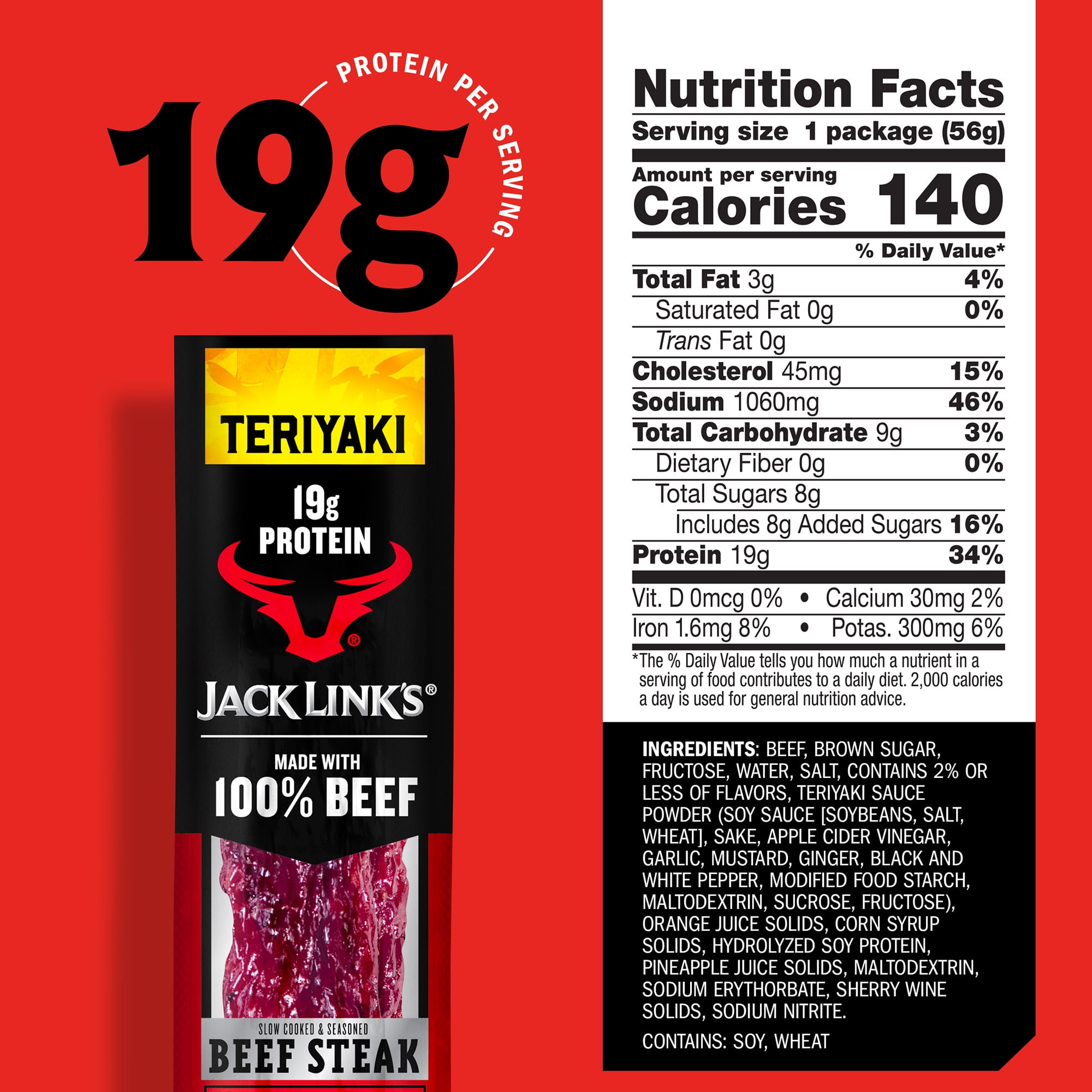 (2 pack) Jack Link’s Beef Steaks, Teriyaki, Made with 100% Beef, 19g of Protein per Beef Steak, 2 oz