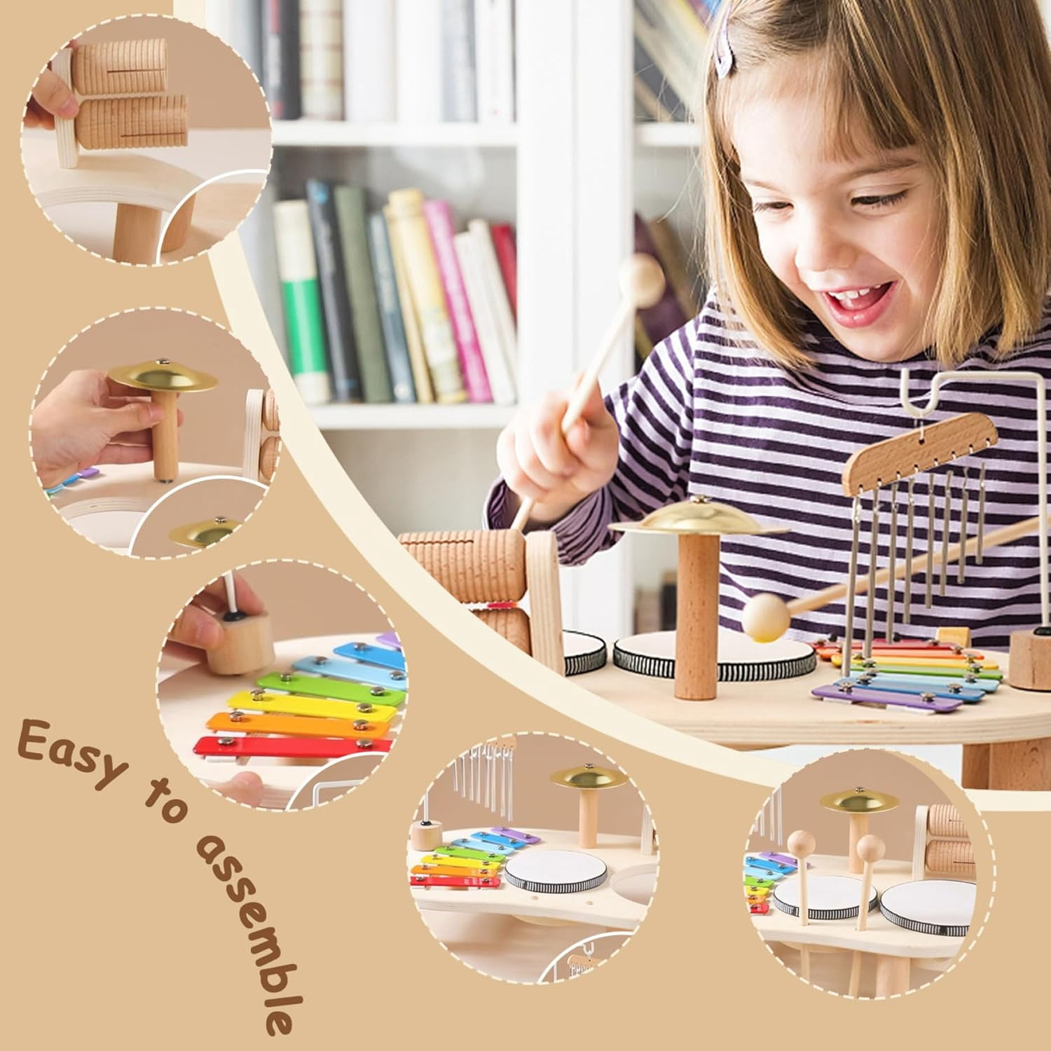 Kids Drum Set 5 in 1 Wooden Toddler Drum Set Educational Kids Musical Instruments Baby Safe Enlightening Percussion Instruments for Birthday (1Set)