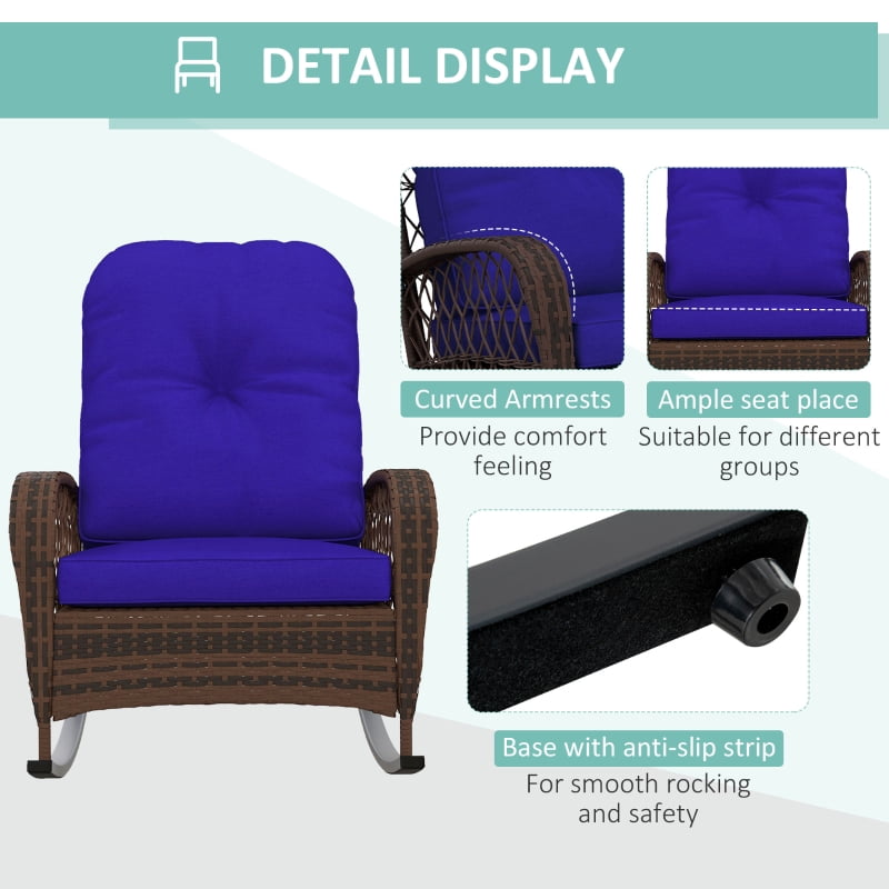 HOQBN Rattan Porch Rocker w/ Plush Cushion, Dark Blue