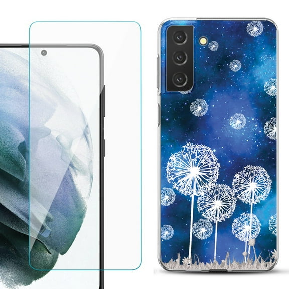 Slim-Fit TPU Fashion Phone Case for Samsung Galaxy S21 FE 5G Fan Edition, with Tempered Glass Screen Protector, by OneToughShield ® - Dandelion Stars