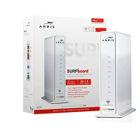 ARRIS SURFboard (24x8) DOCSIS 3.0 Cable Modem / AC1750 Dual-Band Router / XFINITY Voice. Approved for XFINITY Comcast Only for plans up to 600 Mbps. (SVG2482AC)