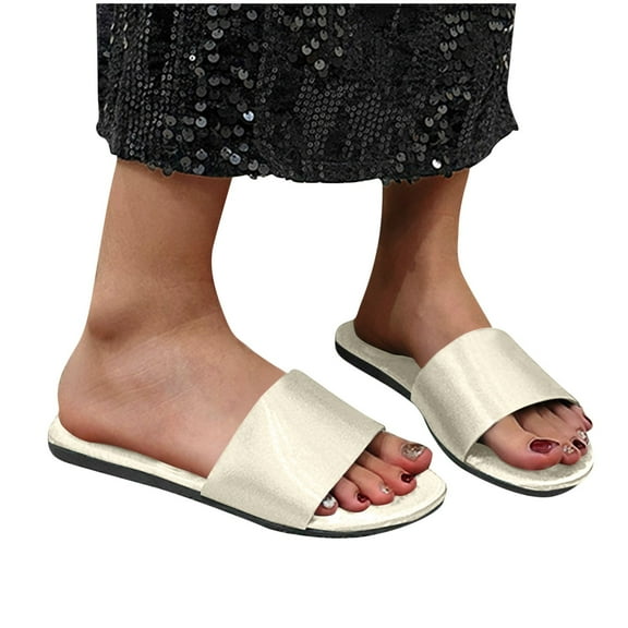 THDHVS Sandals for Women 2025,Women Sandals,Women's Fashion Casual Summer Solid Color Round Toe Open Toe Lightweight Satin Slippers Beige 6.5