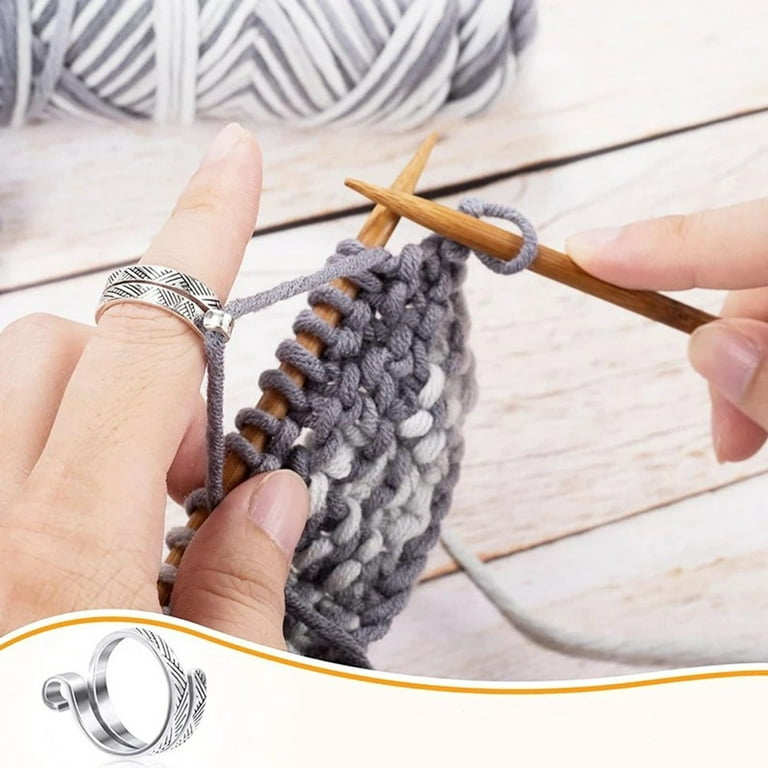 Btoer 2pcs Knitting Crochet Loop Ring Adjustable Crochet Finger Ring Tension Ring, Silver