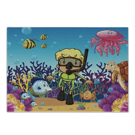Diver Cutting Board, Illustration of Happy Underwater Animals with Sea Plants and a Blond Young Boy, Decorative Tempered Glass Cutting and Serving Board, in 3 Sizes, by Ambesonne