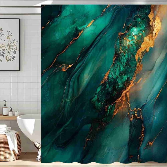 70x70 inch Emerald Green and Gold Fluid Marble Shower Curtain, Waterproof Polyester Fabric with Hooks for Bathroom Decor