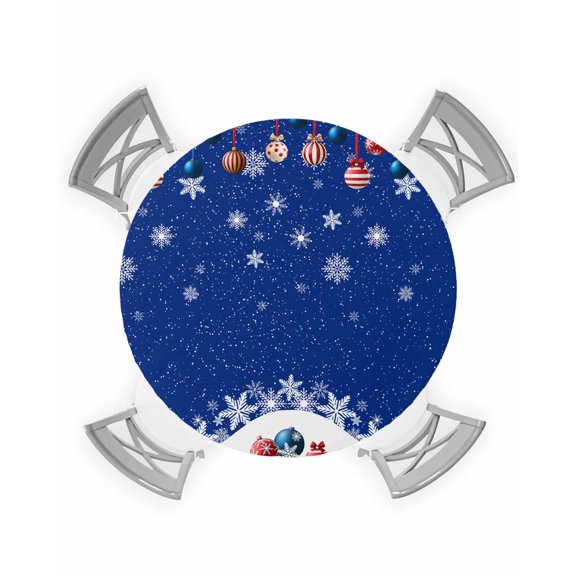 nqOlkjepod Blue Christmas Round Tablecloth, Fitted Table Cover with Elastic for 55"-60" Round Tables, Xmas Balls White Snowflake Table Cloth Outdoor Indoor Dinning Party Waterproof Tablecloths
