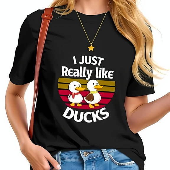 Retro Cartoon Ducks Graphic Cotton Short Sleeve T-Shirt - " I JUST Really like DUCKS " - Casual Relaxed Fit Tee