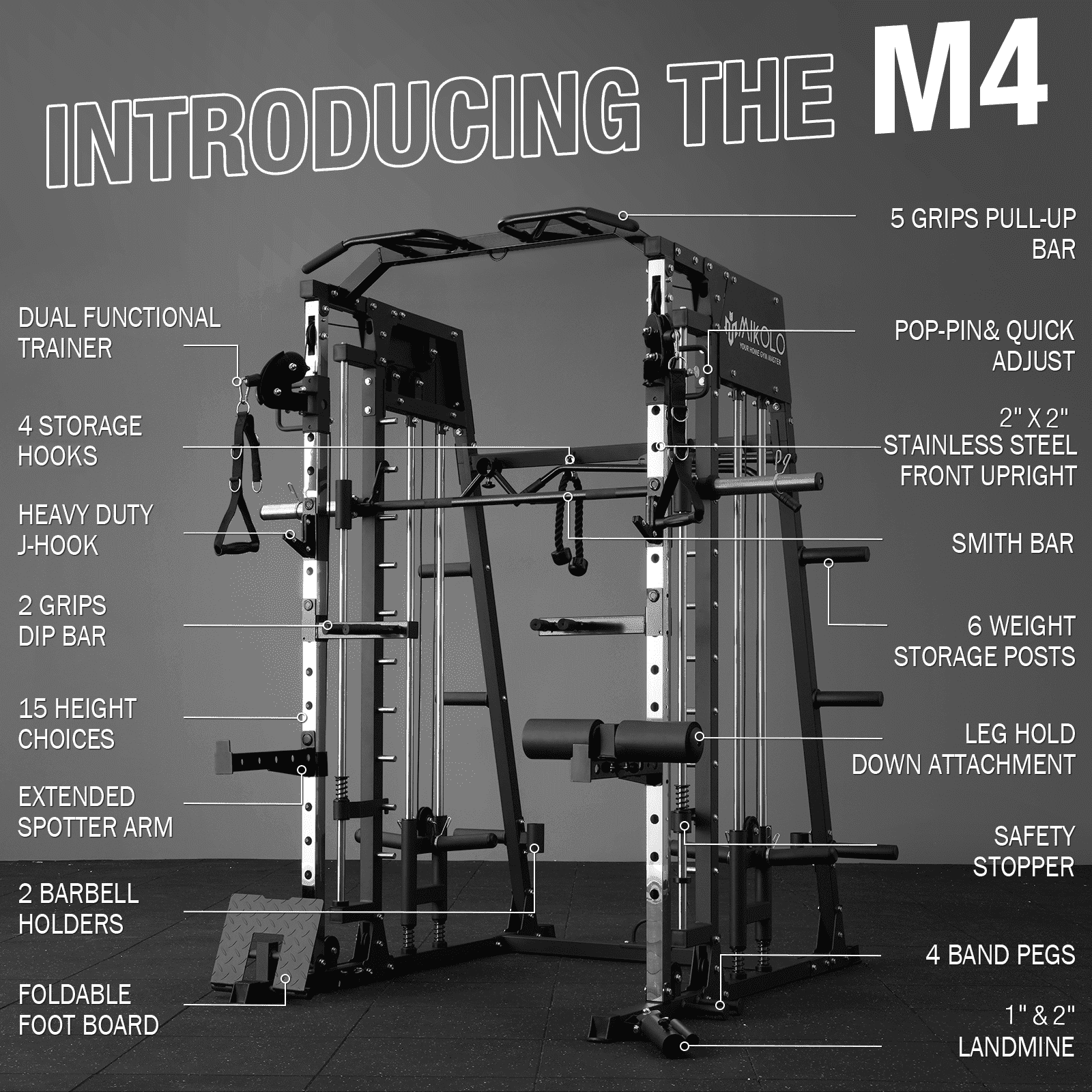 Mikolo M4 All-In-One Smith Machine Home Gym Package, 2200 lbs Power Rack Cage with Cable Crossover, 360° Landmine, Barbell Holders and Other Attachments, Total Body Strength Training Cage