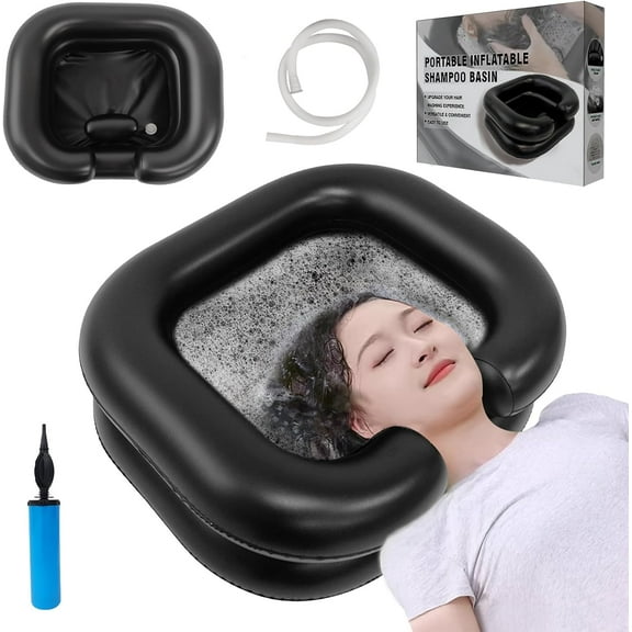 Inflatable Shampoo Basin, Portable Shampoo Bowl with Neck Support and Drain Hose for bedridden People, Portable Shampoo Sink for The Elderly, Disabled, Pregnant Women, Injured People (Black)