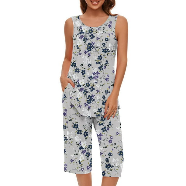 Conjunto de Ropa de Salón para Mujer Cuello Redondo Blusa sin Mangas Sólida Y Pantalones Cortos de Cintura Elástica Pantalones, Pantalones Cortos de Verano para Mujeres
