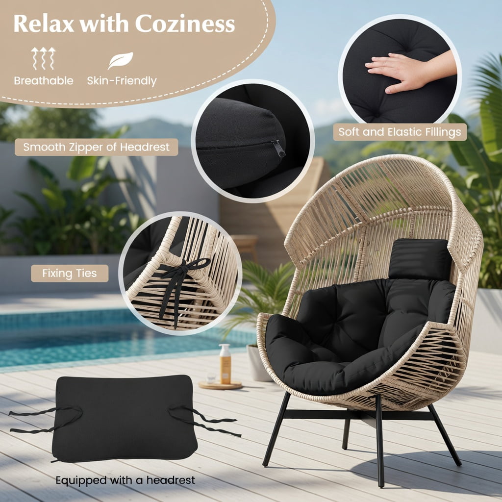 Hommoo Oversized Wicker Egg Chair with Thick Cushions, Headrest, and Heavy-Duty Metal Frame, Indoor/Outdoor Lounge Seating, Black