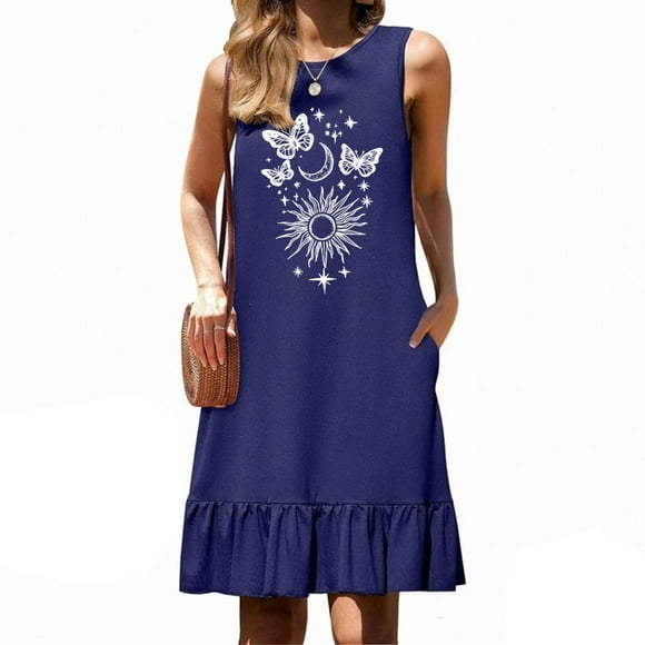 FcBaudy Sleeveless Round-Neck Dress,Summer Dresses for Women,Womens Dresses Fashion Women Printing Round Neck Sleeveless Pocket Pleated Skirt Splicing Dress Women Polyester Dress