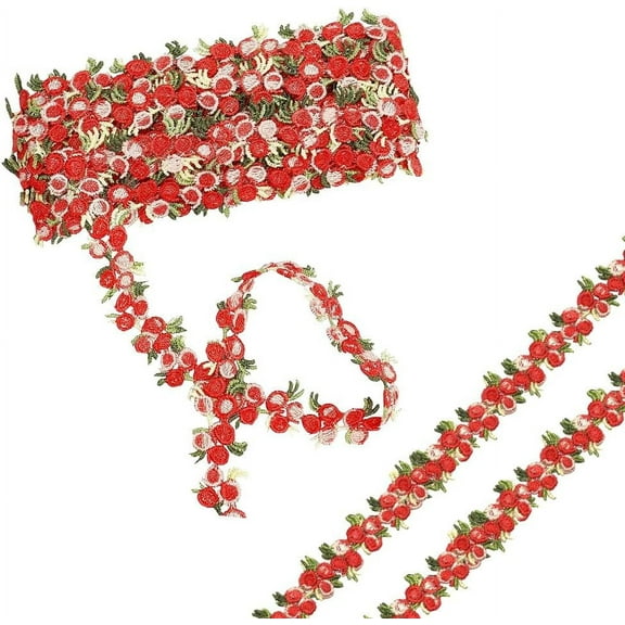 10 Yards Rose Flower Embroidered Lace Trim Ribbon Polyester Red Floral Edge Embroidery Trimming Applique Ribbons Bulk for Sewing Making Crafts Wedding Bouquets Gift Wrapping Embellishment