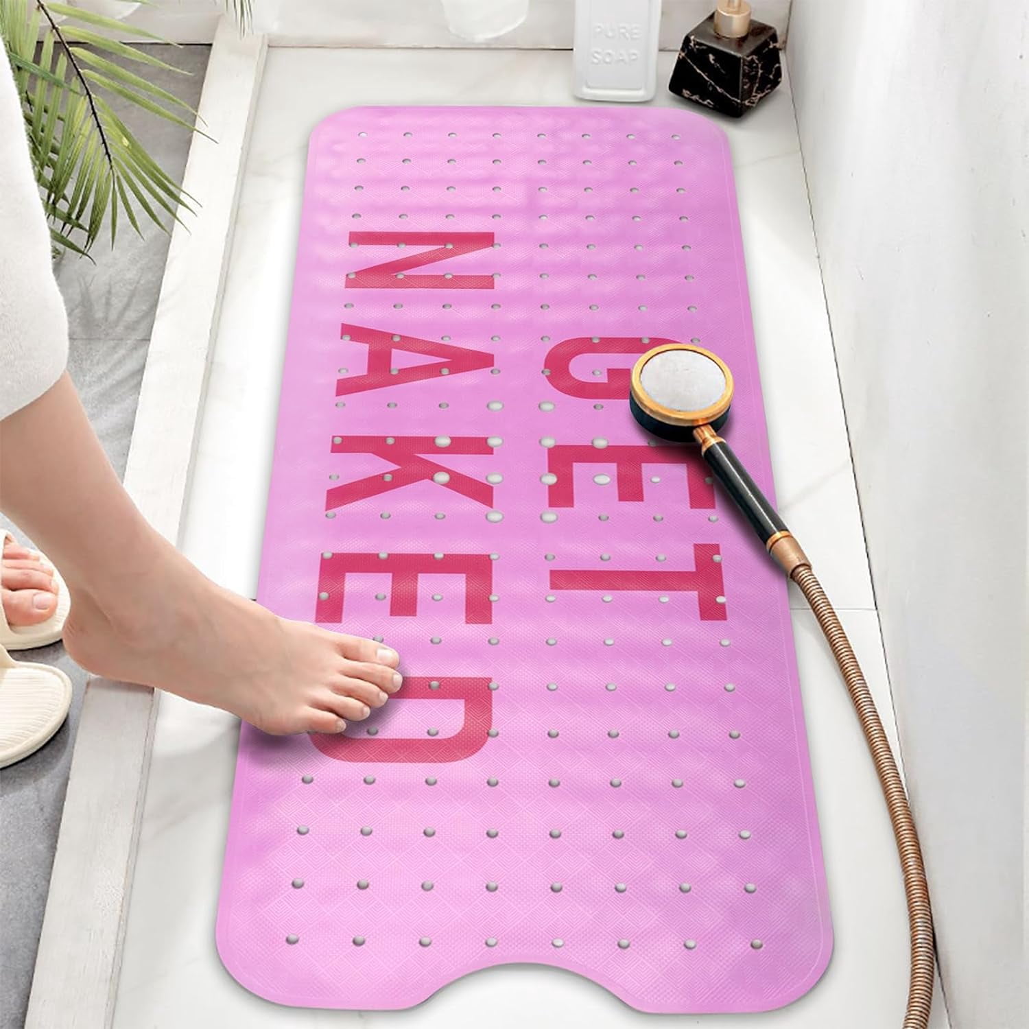 Bathtub Mat Non Slip, Get Naked Extra Long Bath tub Mat Shower Floor Mat with Suction Cups and Drain Holes for Adults Kids Elderly 40 X 16 Inch