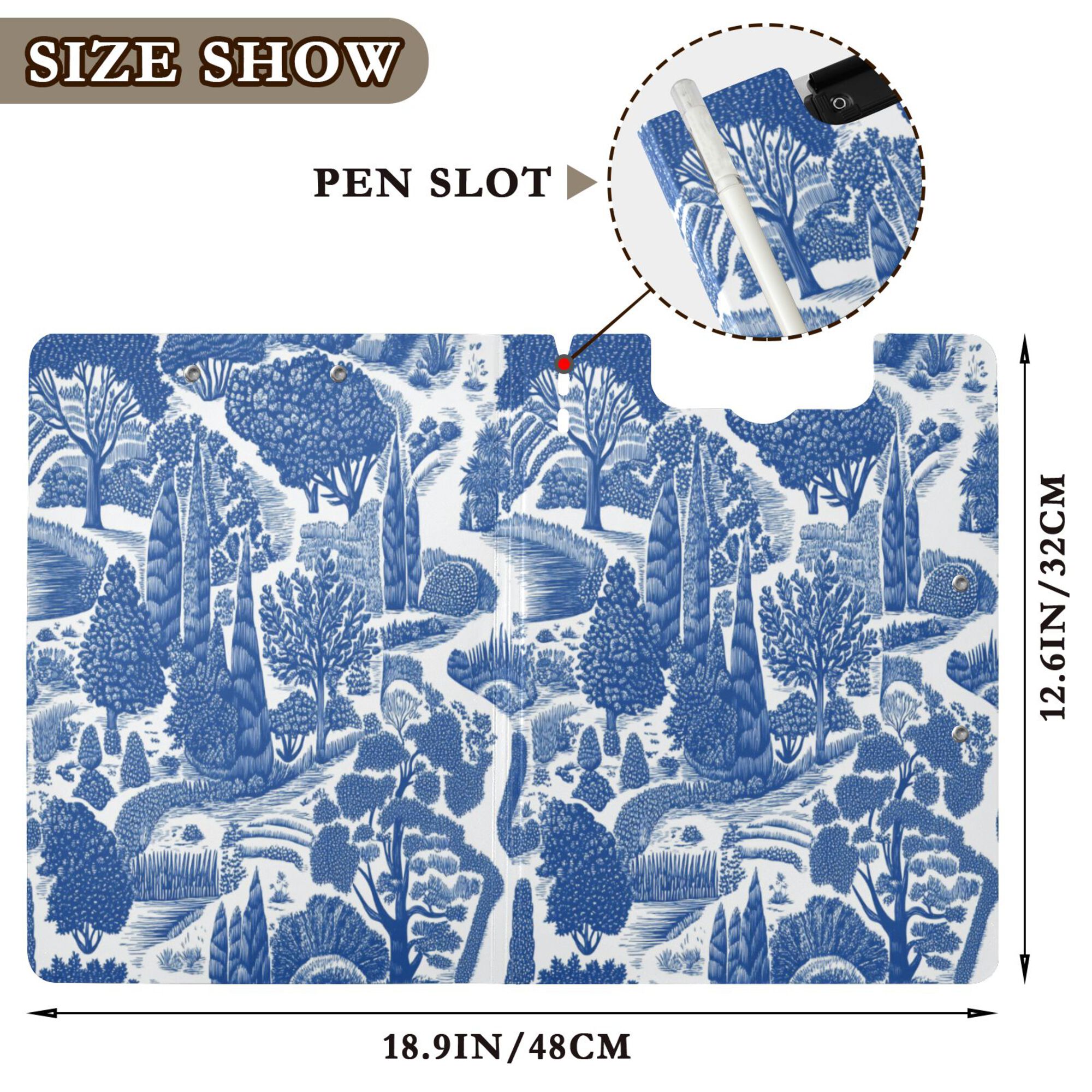 FORMRS A4 Clipboard Folder with Pen Holder Horizontal Foldable School Office Binder, Blue Garden Pattern
