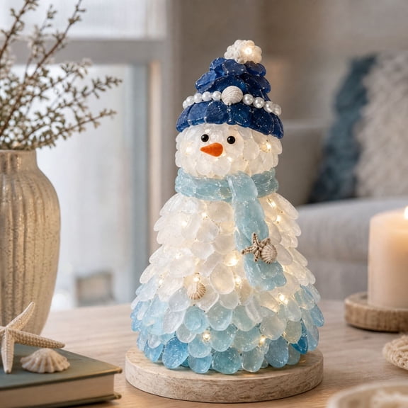 3D Sea Glass Snowman DIY Kit, Lighted Blue & White Beach Themed Resin Statue with Warm LED, Pearl & Shell Accents, Coastal Winter Home Decor, Nautical Table Ornament, Gift