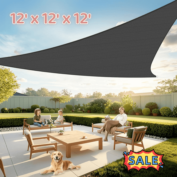 Tcbosik HDPE Sun Shade Sail, 12' x 12' x 12' Triangle Canopy Shade for Outdoor Patio Garden, Dark Grey