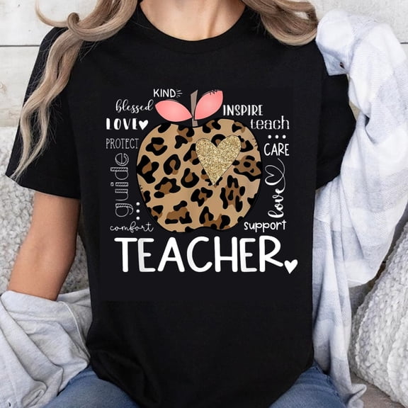100% Cotton Teacher Shirt Leopard Print Apple Design Inspirational Words Kind Love Teach Care Support Gift for Educators