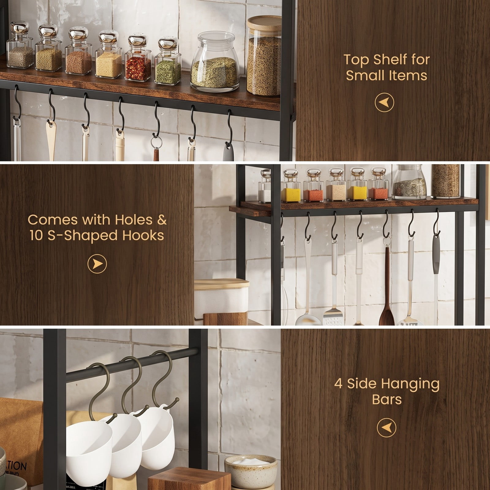 RUIE 5-Tier Kitchen Bakers Rack with Power Outlets, USB & Type-C Charging Station, 10 S-Hooks and Adjustable Feet, Freestanding Metal Microwave Storage, Rustic Brown