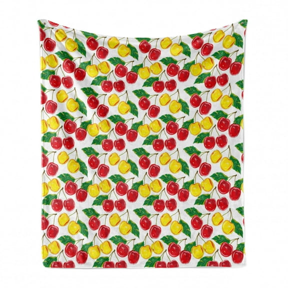 Fruit Soft Flannel Fleece Blanket, Graphic Colorful Cherries with Leaves Pattern Fresh Ripe Juicy Tasty Summertime, Cozy Plush for Indoor and Outdoor Use, 70" x 90", Red Yellow Green, by Ambesonne