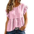 thumbnail image 5 of Drses Women's Puff Short Sleeve Babydoll Top, Round Neck Peplum Pleated Cotton T-Shirt, Loose Flowy Cute Blouse Hide Belly Casual Summer Cruise Wear, 5 of 9