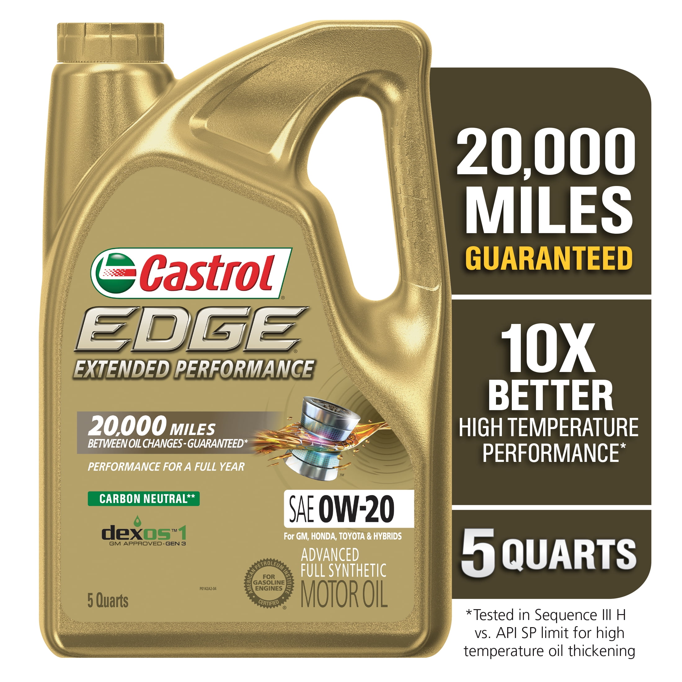 Castrol Edge Extended Performance 0W-20 Advanced Full Synthetic Motor Oil, 5 Quarts
