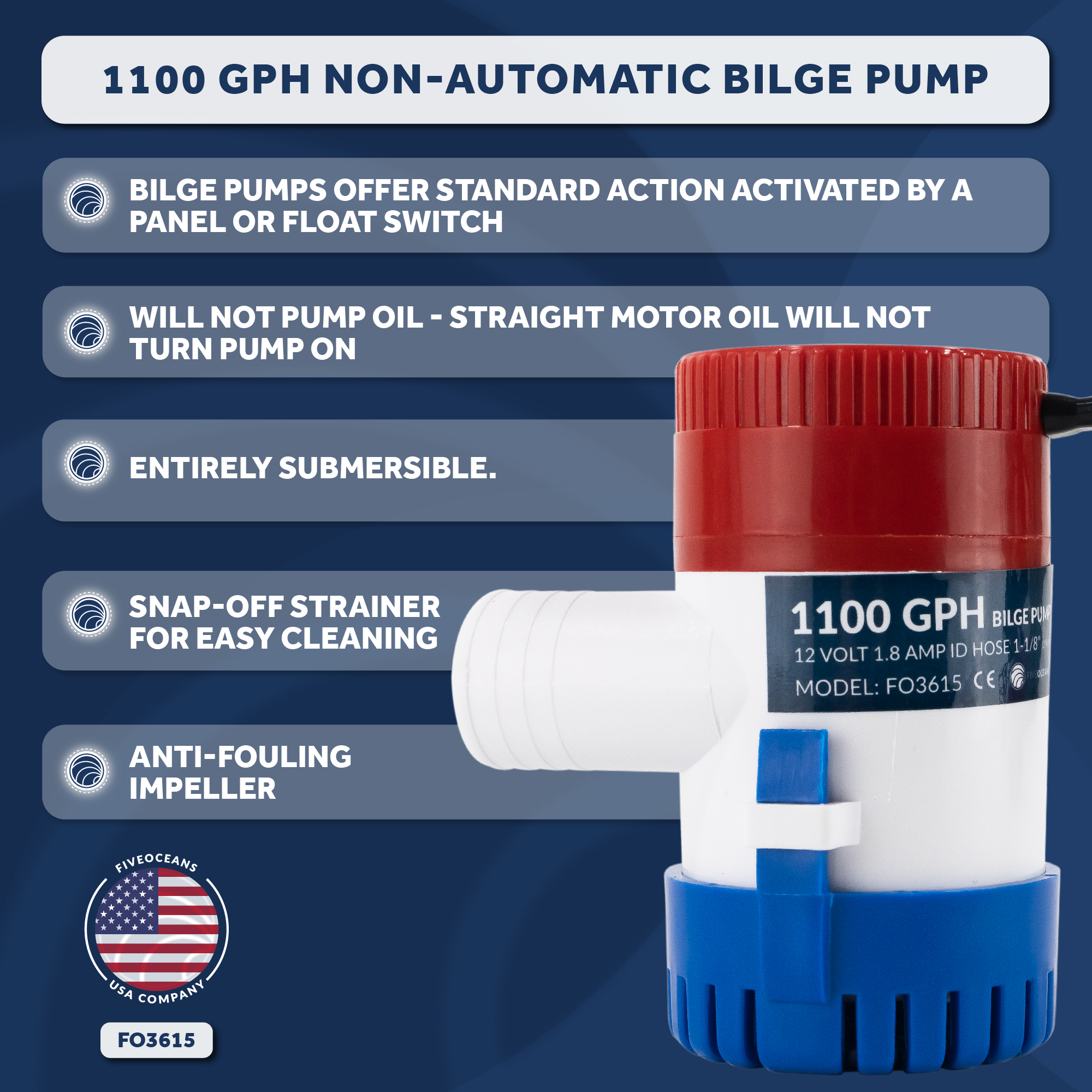 Five Oceans 1100 GPH / 4164 LPH Bilge Pump, 12-Volts, 1-1/8-Inch (29mm) Interior Diameter Hose, 41-Inch 14-Gauge Wire - FO3615