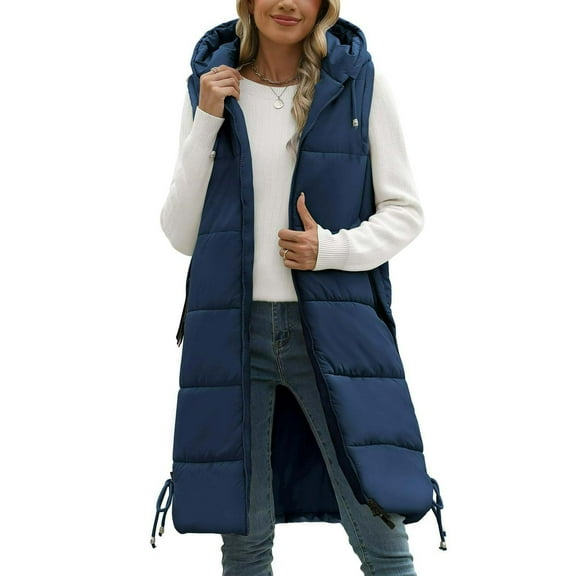 FAWUUDO Long Womens Puffer Vest Winter Sleeveless Puffy Jacket with Hood Warm Quilted Vest Navy