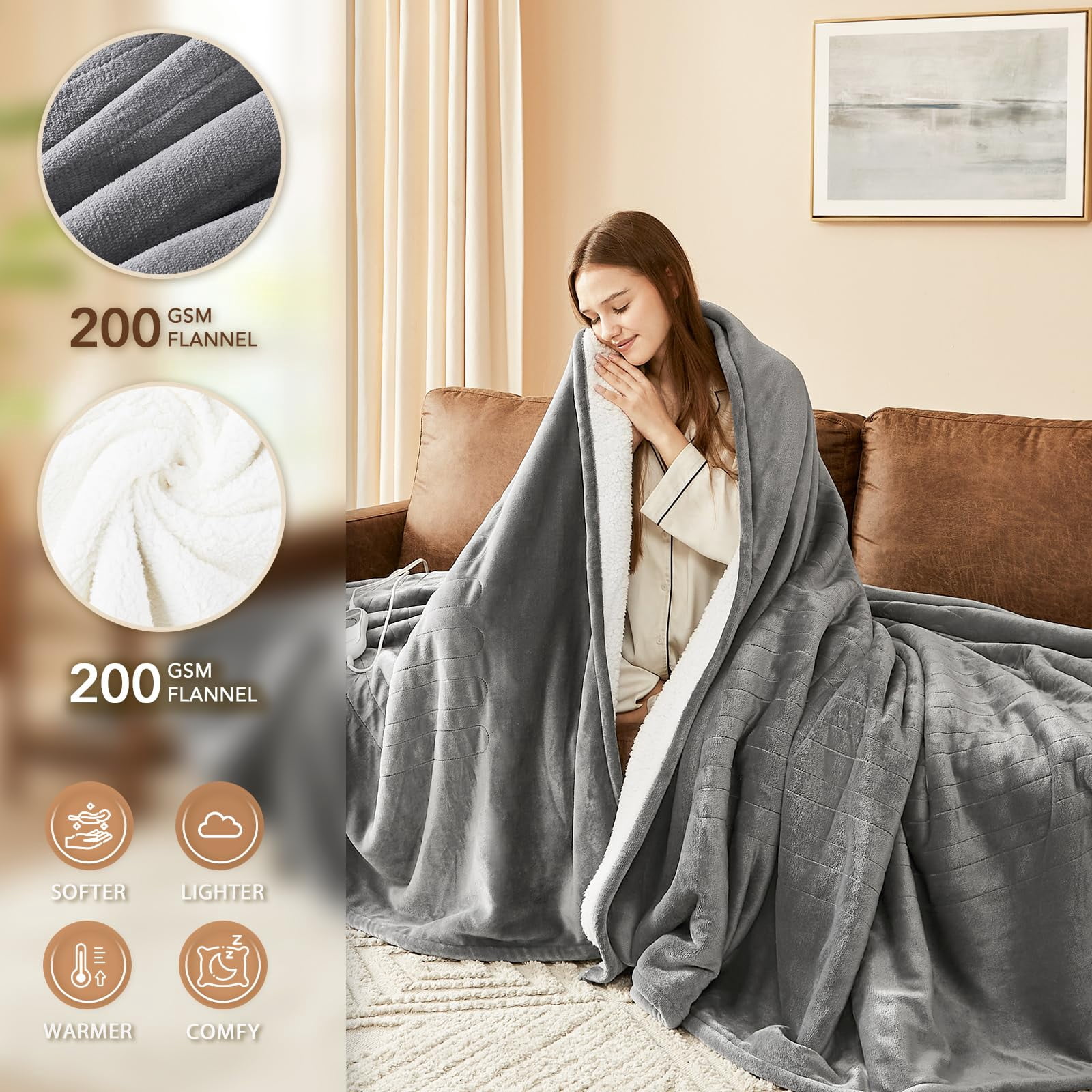 Heated Electric Blanket King Size - 100"x90" Heating Bedblanket Throw With 10 Levels&8 Hours Auto Off  Fast Over-heated Protection Ultra Soft Flannel Etl Certified Grey