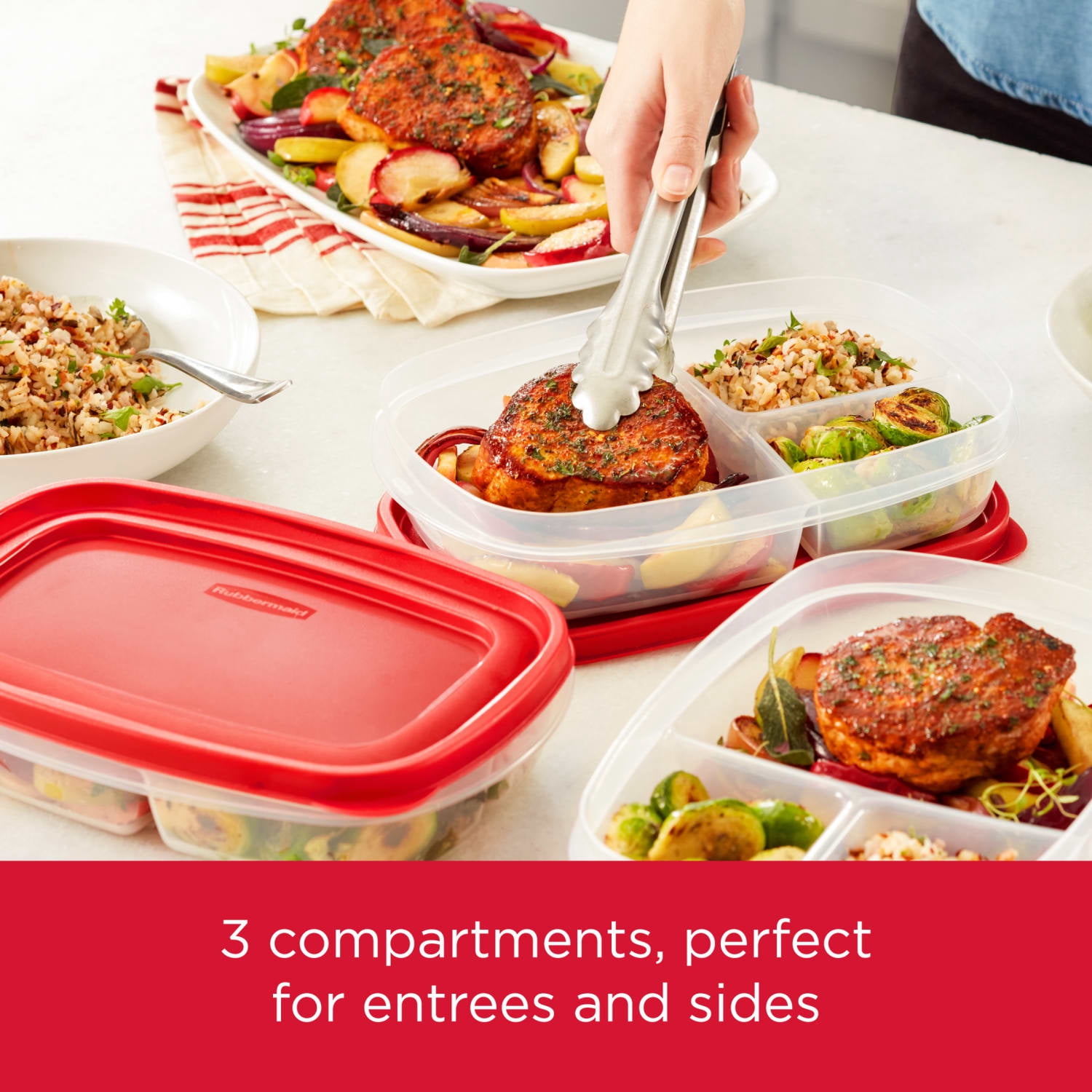 Rubbermaid Easy Find Lids 5 Pack Meal Prep Containers with 3 Compartments, Red, 5.1 Cups