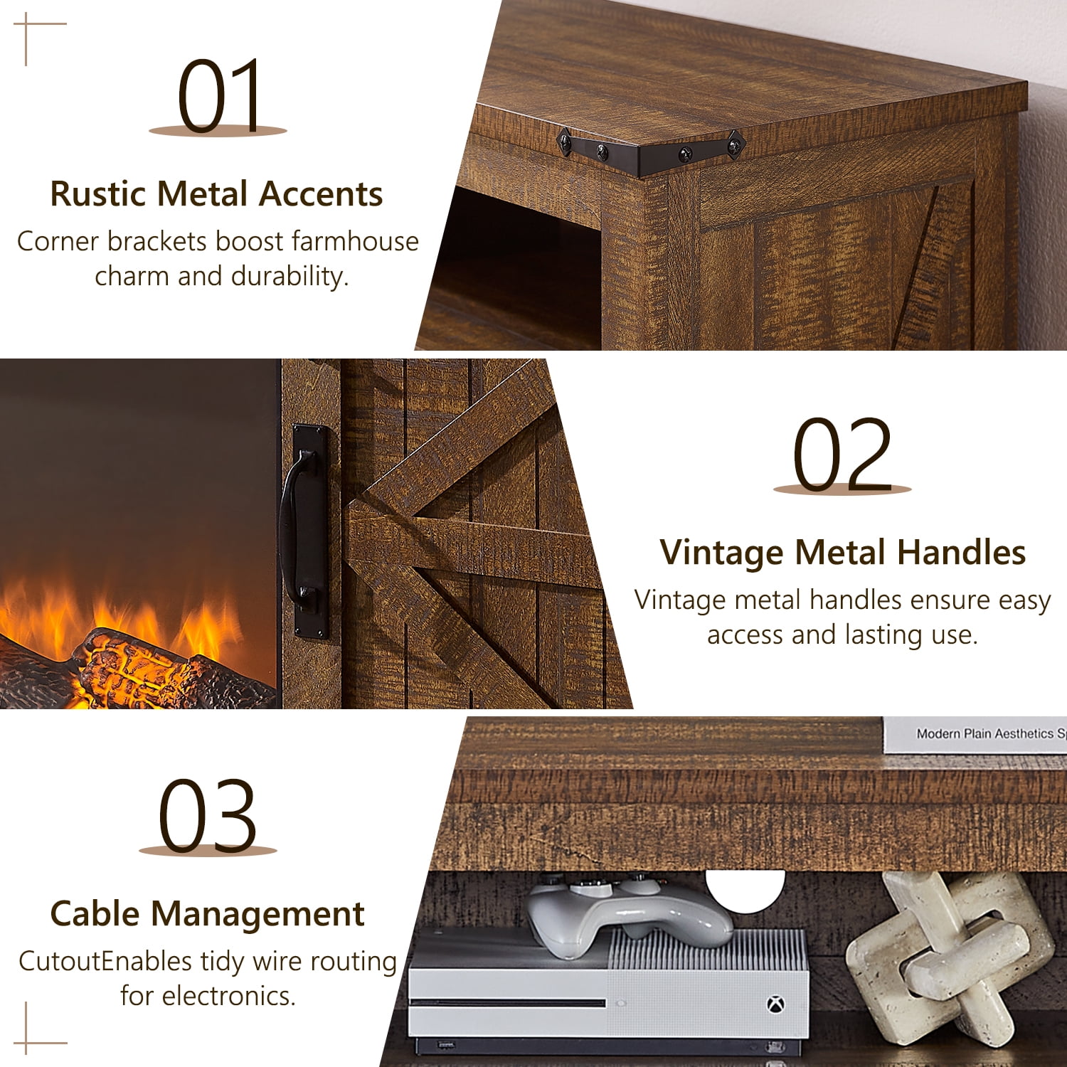 KeyWhat Farmhouse Fireplace TV Stand for TVs up to 80", 37" Electric Fireplace & Barn Door